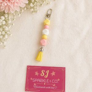 Beaded Bag Tag with Tassel yellow pink white