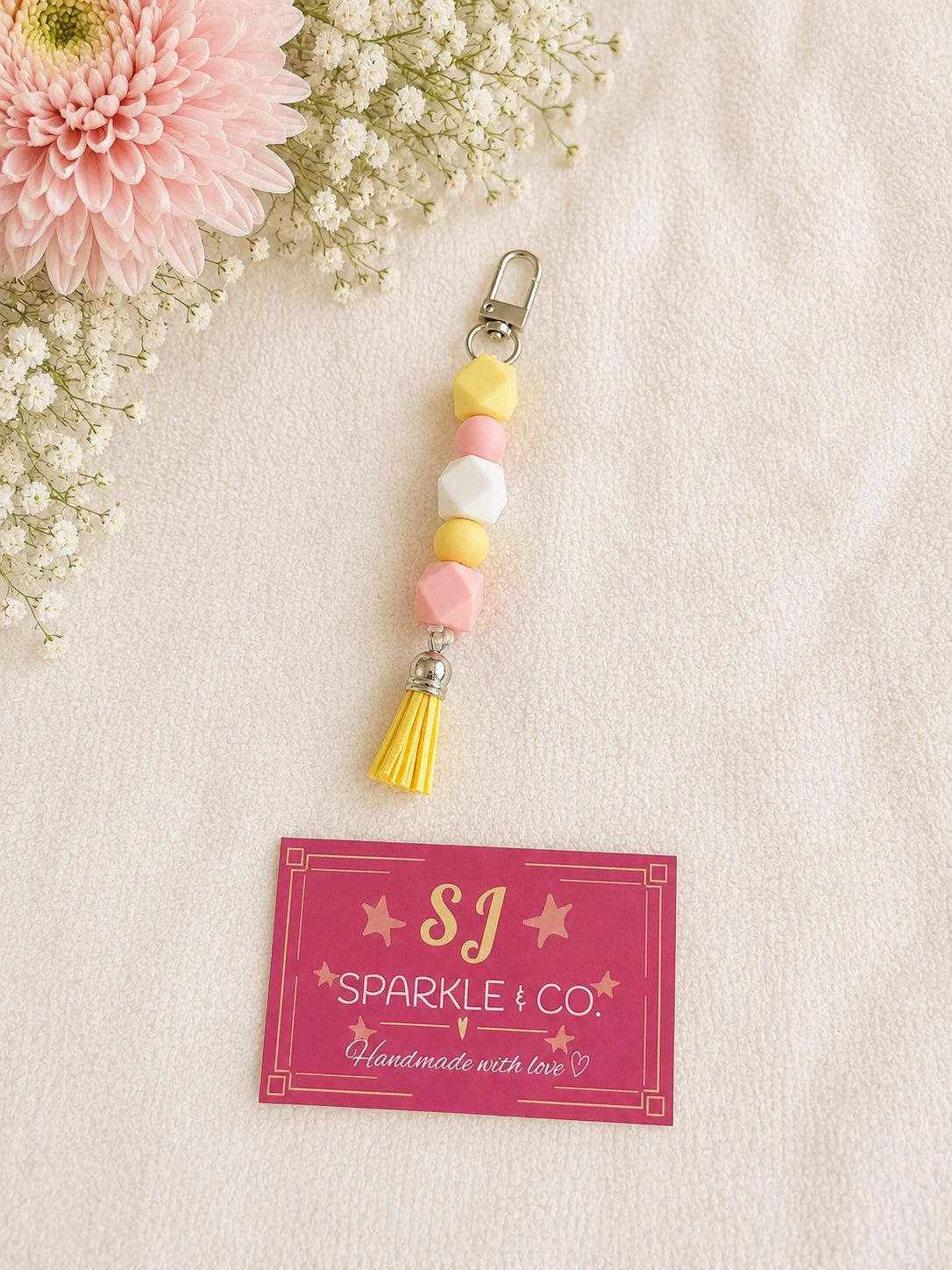 Beaded Bag Tag with Tassel yellow pink white