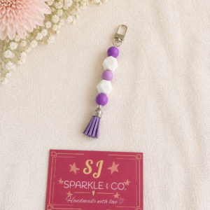 Beaded Bag Tag with Tassel purple white