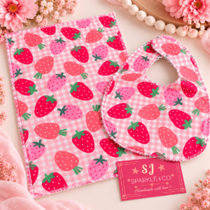 PINK STRAWBERRY BABY BIB + BURP CLOTH SET