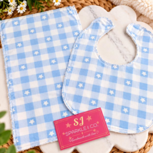 BLUE STARS BABY BIB + BURP CLOTH SET